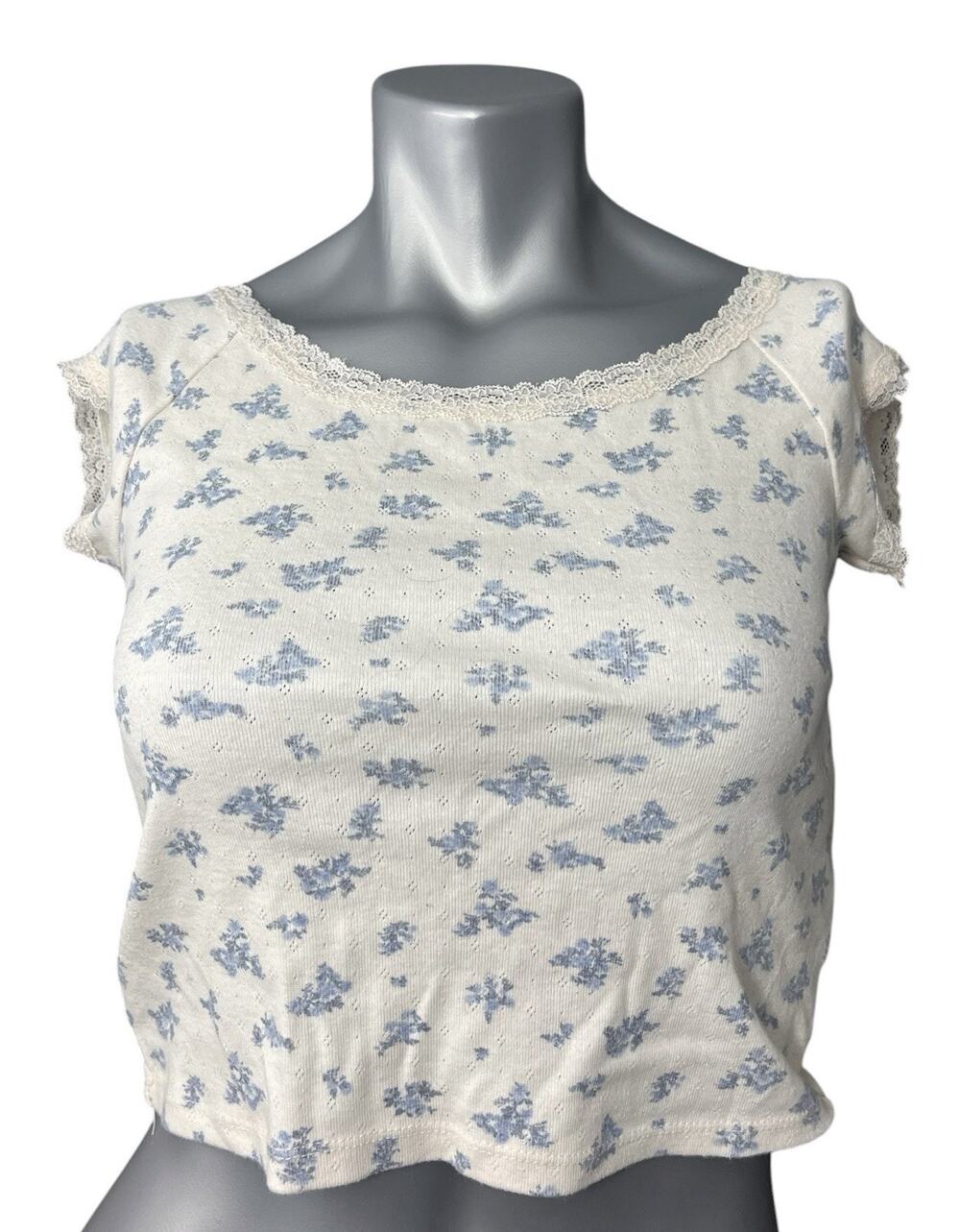 Floral Babydoll Cropped Top Lace Trim Short Sleeve Pink Rose Y2K Cottage Small